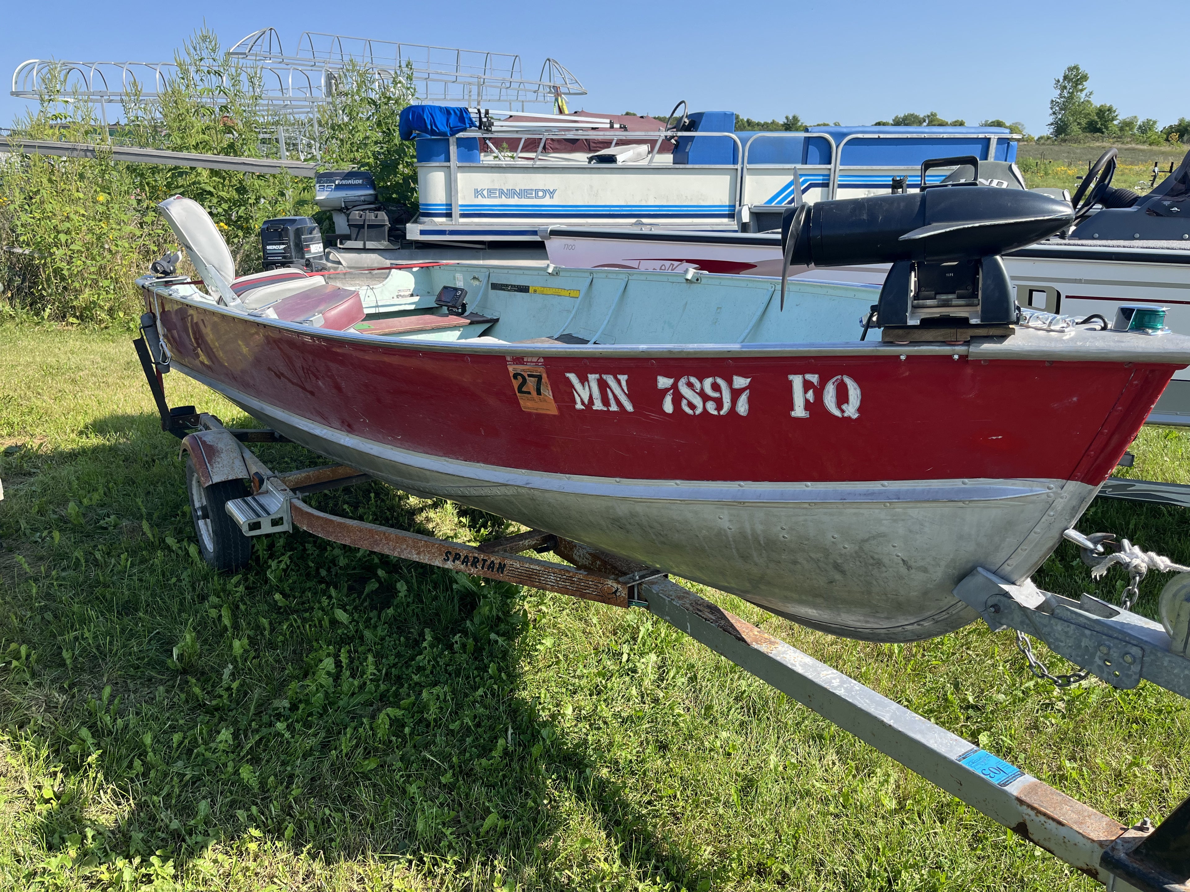 1974 Lund 14' Aluminum Fishing Boat – 25 HP Mercury Tiller & Spartan Roller Trailer