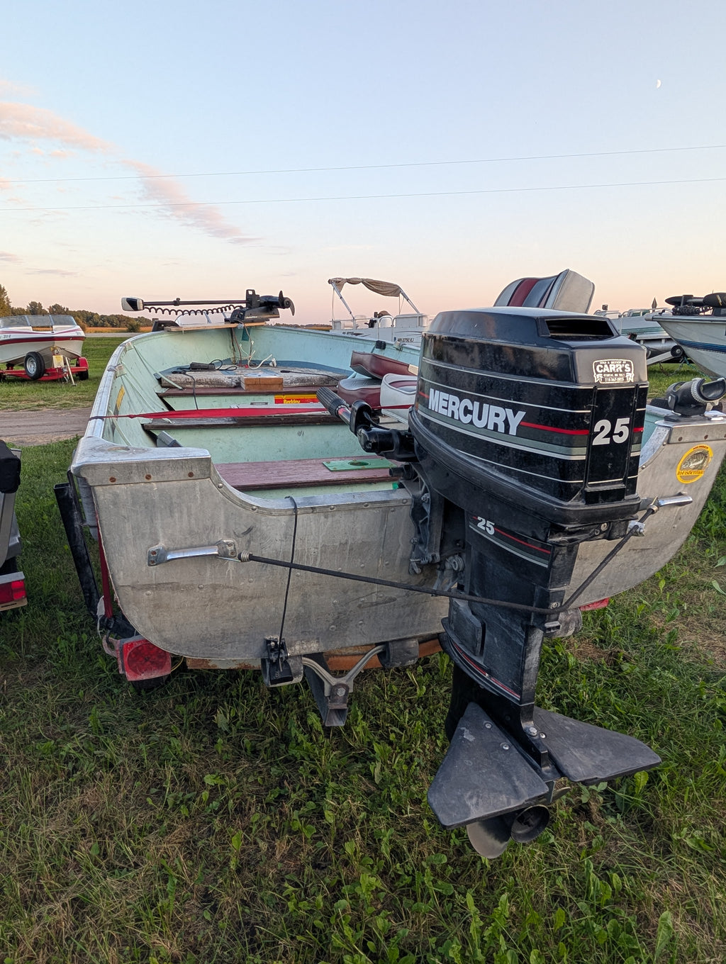 1974 Lund 14' Aluminum Fishing Boat – 25 HP Mercury Tiller & Spartan Roller Trailer