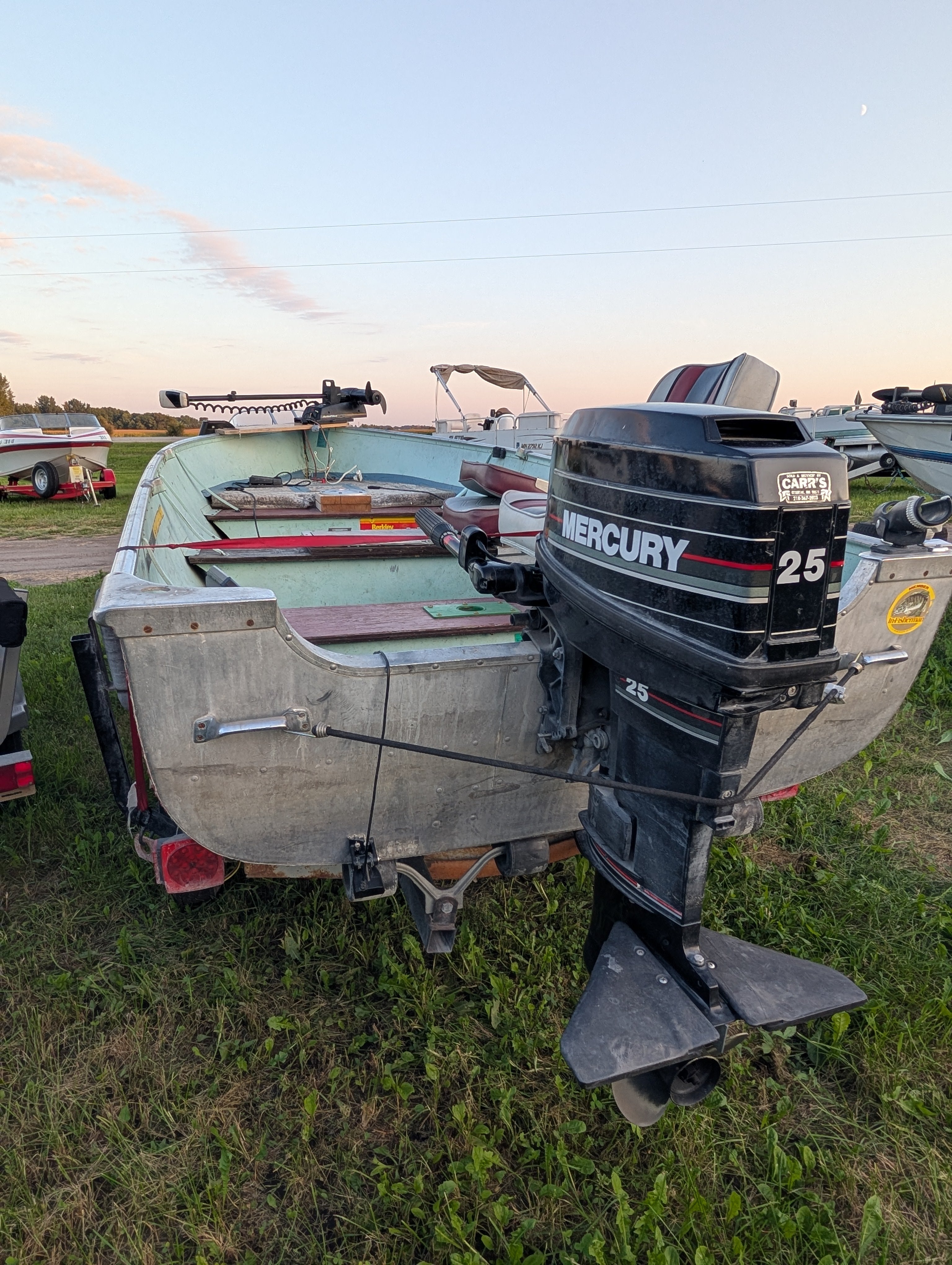 1974 Lund 14' Aluminum Fishing Boat – 25 HP Mercury Tiller & Spartan Roller Trailer