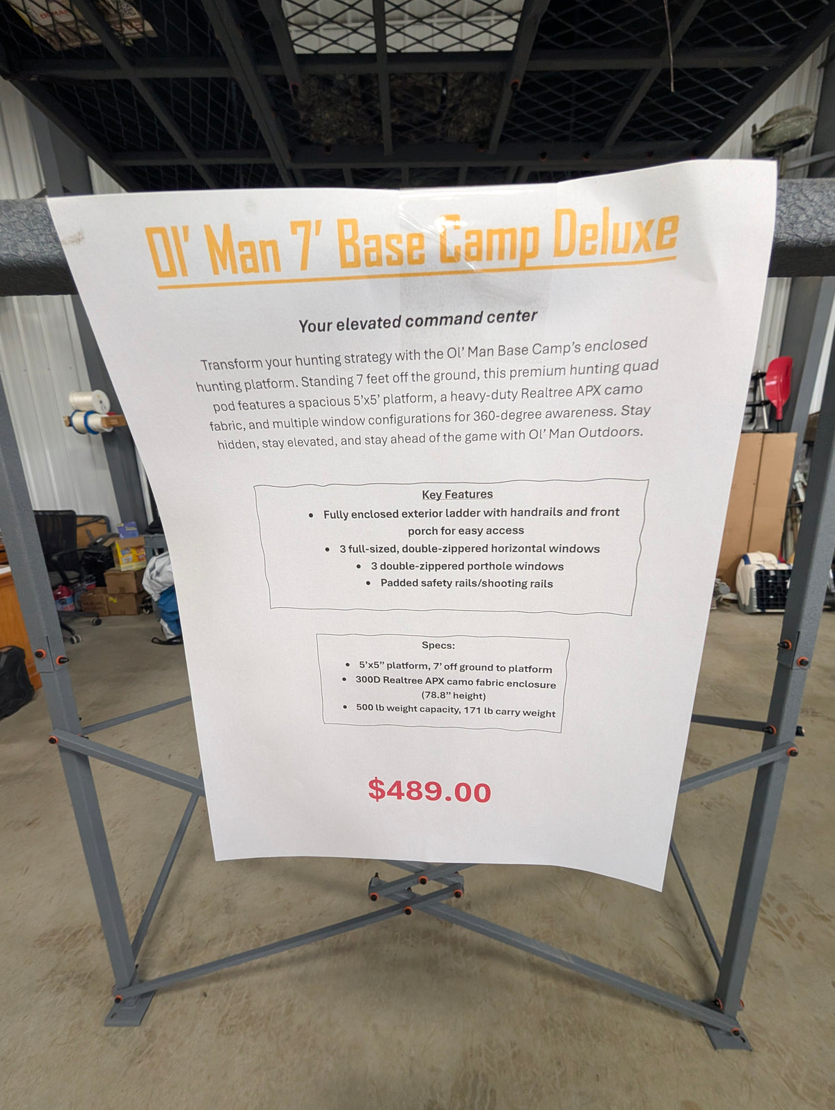 Ol' Man 7' Base Camp Deluxe Quad Pod Elevated Hunting Platform with Camo Enclosure, $489
