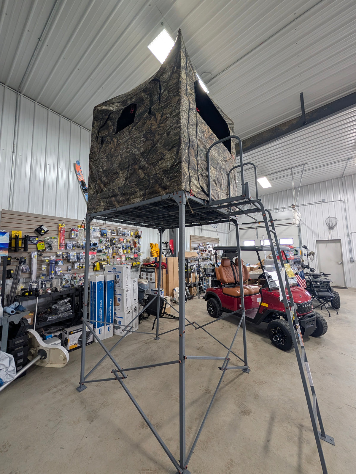 Ol' Man 7' Base Camp Deluxe Quad Pod Elevated Hunting Platform with Camo Enclosure, $489