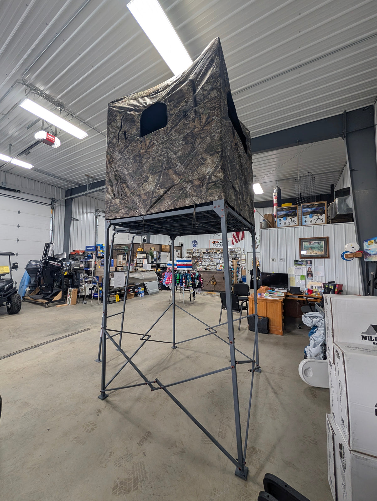Ol' Man 7' Base Camp Deluxe Quad Pod Elevated Hunting Platform with Camo Enclosure, $489