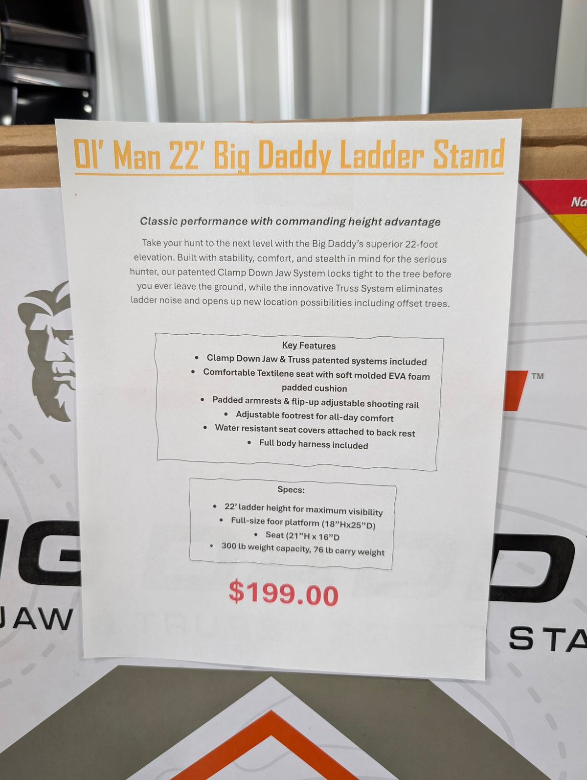 Ol' Man 22' Big Daddy Ladder Stand – Heavy-Duty Steel Tree Stand with Clamp Down Jaw & Truss System